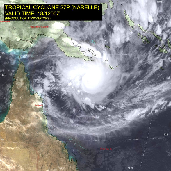Satellite image of severe tropical cyclone Narelle developing in the Coral Sea, 19/03/2026, am, from JTWC.
