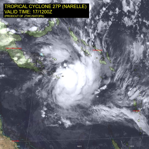 Satellite image of tropical cyclone Narelle developing in the Coral Sea, 18/03/2026, from JTWC.
