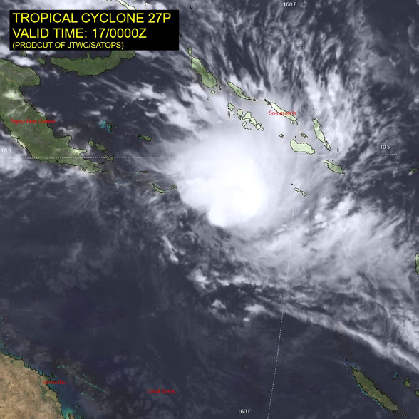 Satellite image of tropical cyclone Narelle developing in the Coral Sea, 17/03/2026, from JTWC.