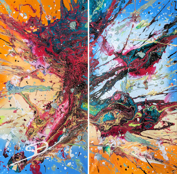 Sarah Esslinger-Dahlmann, between heaven and earth (zweigeteilt), August 2025, je 60 x 120 bzw. gesamt 120 x 120 cm, Acrylfarbe, Mischtechnik auf Leinwand, abstraktes, kraftvolles, farbintensives Werk, orange und blau als Gegensatz dazwischen Rot