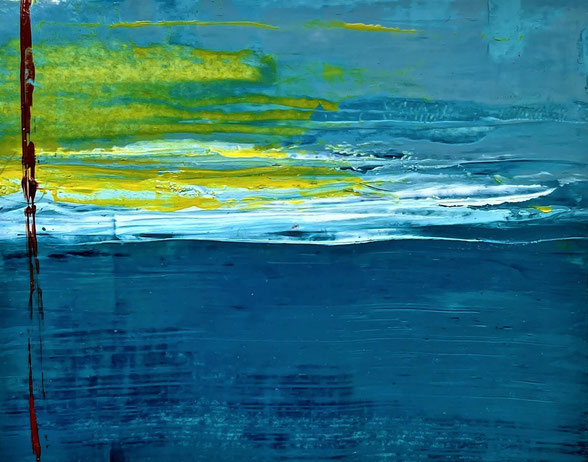 Abstract oil painting with dark blue at the bottom and light blue at the top, with yellow block of colour in top left and red line down the left side overlapping the blue and the yellow