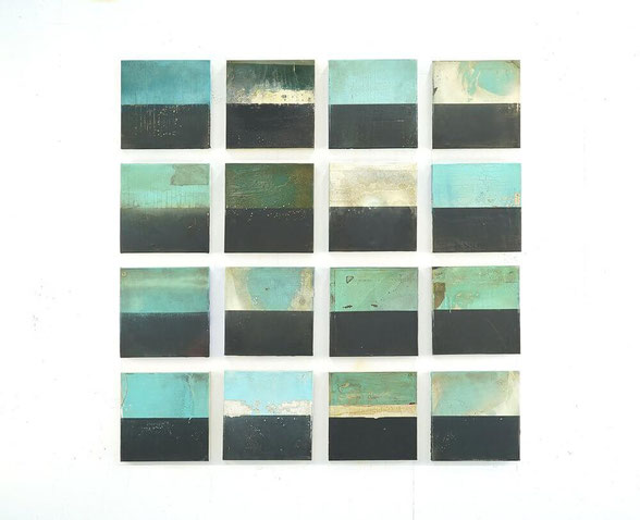 sam lock's abstract paintings, composite (III). 16 small square paintings laid out in a grid formation