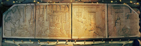 Chronology of maple sugaring.  Sugar Moon Farm.  Carved by Victor Marten.