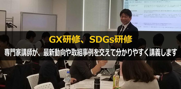 GX、SDGsの豊富な知識・実績に基づく専門家講師が、GX研修、SDGs研修を担当