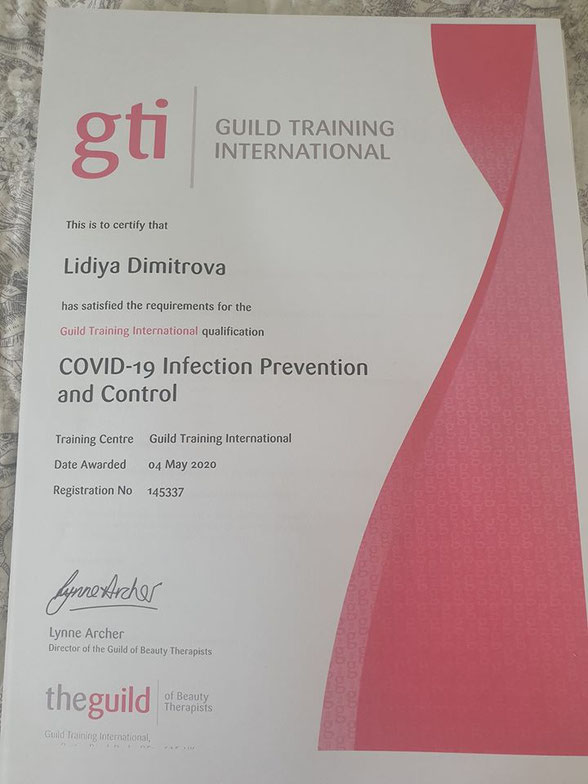 Covid-19 Infection Prevention and Control Certificate from Guild Training International 04 May 2020 to Lidiya Dimitrova
