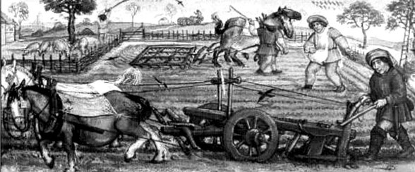Front: A medieval plough prepares the soil for planting. Back: Harrowing the soil to break up the lumps. Middle: Sowing or broadcasting the seeds.