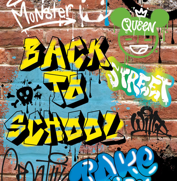 coole Vertikalbordüre mit buntem schrillem Graffiti für coole Kids, umweltfreundlich und wahlweise selbstklebend
