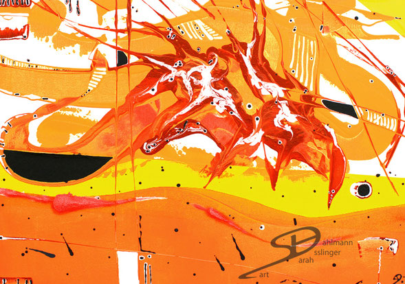 Sarah Esslinger-Dahlmann, Der Impuls, Juli 2010, 100 x 70 cm, Mischtechnik auf Leinwand, abstraktes, kraftvolles, farbintensives Werk, dominantes leuchtendes Orange, gelbe Folie und rot in der Mitte