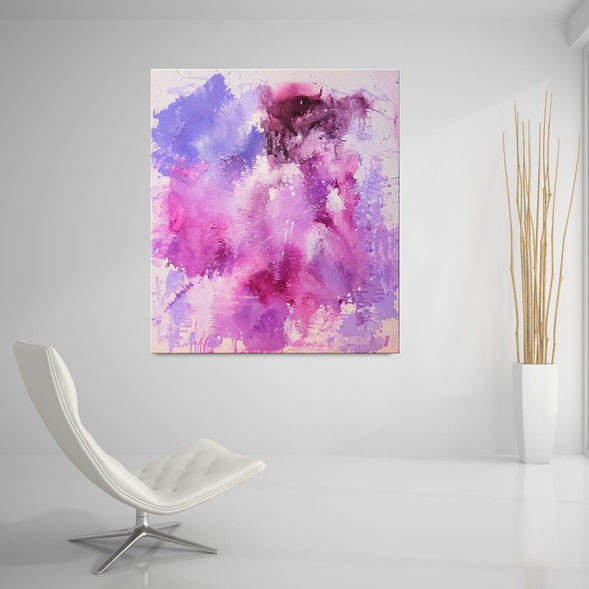 Acrylbild, 100 x 80 cm, Farbverläufe in Rot, Gelb, Purple, Türkis, Blau, Orange und anderen Akzenten. Acrylbilder kaufen bei Wandbilderkunst.de