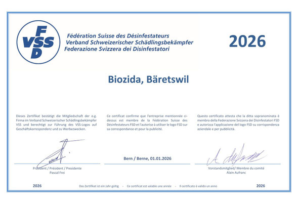 Mitglied im Verband Schweizer Schädlingsbekämpfer FSD-VSS