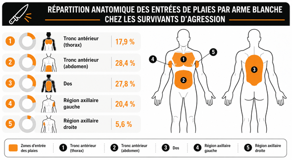 Répartition anatomique des entrées de plaies par arme blanche chez les survivants d’agression