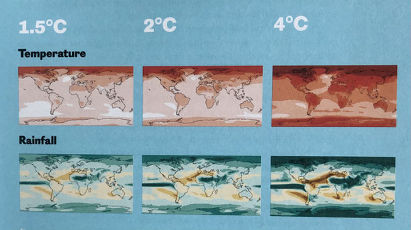 Map with the increase in temperature and rainfall due to climate change