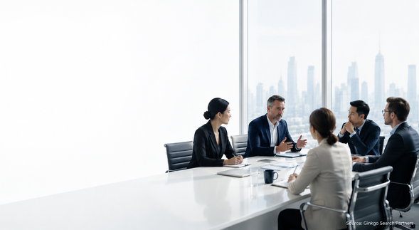 Senior executives discussing leadership and executive search strategy during a boardroom meeting in China.