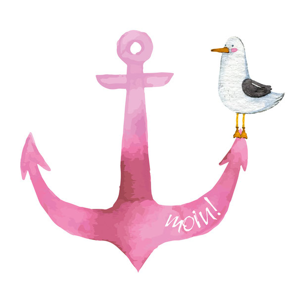 Wandaufkleber Anker mit lustiger Möwe und dem norddeutschen Gruß "moin!" nach Aquarell Art