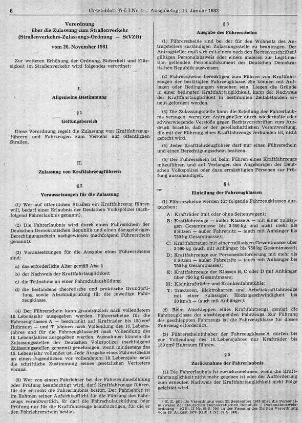 Oldtimerrecht StVZO DDR Straßenverkehrs-Zulassungs-Ordnung DDR