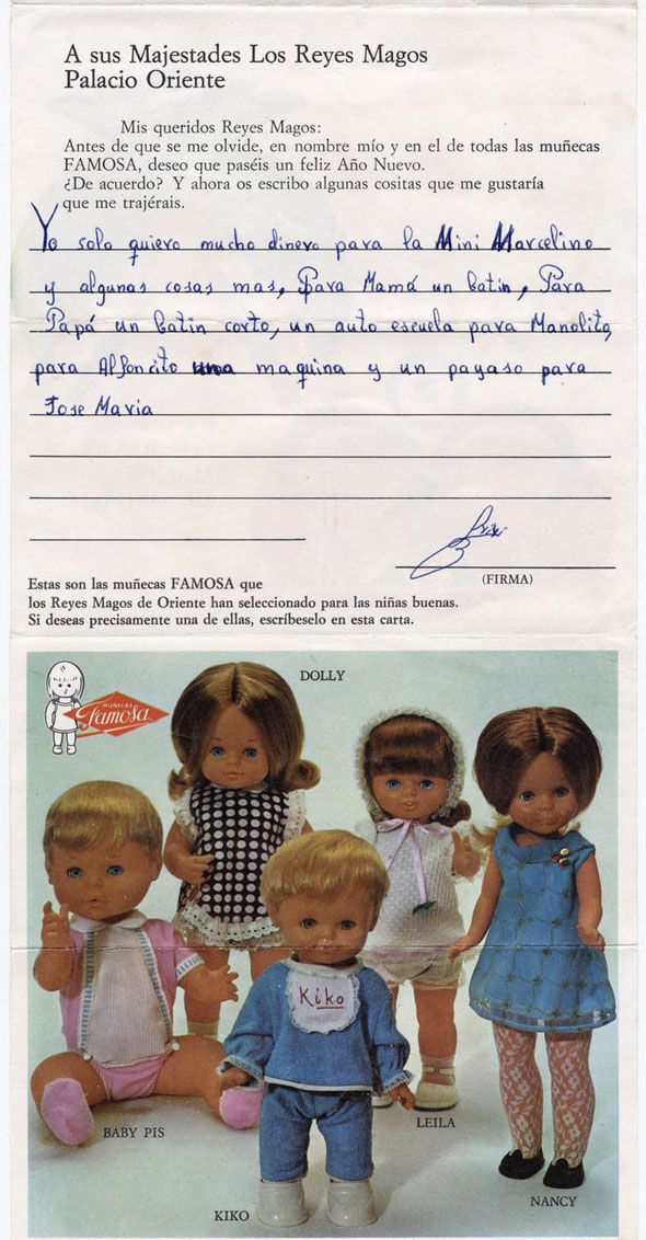 Carta a los Reyes Magos original de Isidro, escrita con 4 años, años 70 con propaganda de Famosa