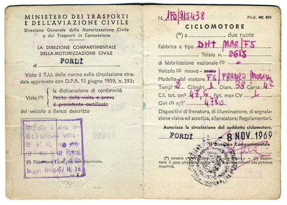 Libretto original del modelo Mini Marcellino italiano expedido el 8 de Noviembre de 1969 en Forli (Italia)