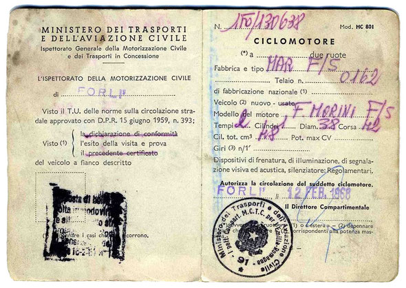 Libretto original del modelo Mini Marcellino italiano expedido el 12 de Febrero de 1968 en Forli (Italia)