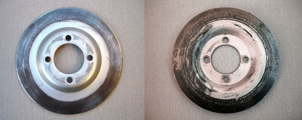Disco de freno, lado interior y exterior, antes de su limpieza y restauración