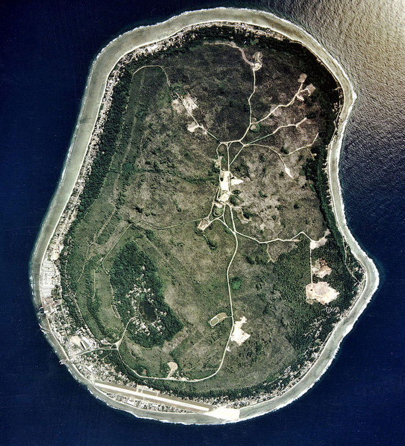 Aerial view of Nauru, source of much of New Zealand's early phosphate bonanza. Nauru has an area of 21 sq km most of which was taken up by phosphate mining on 'Topside' while the population of less than 10,000 li