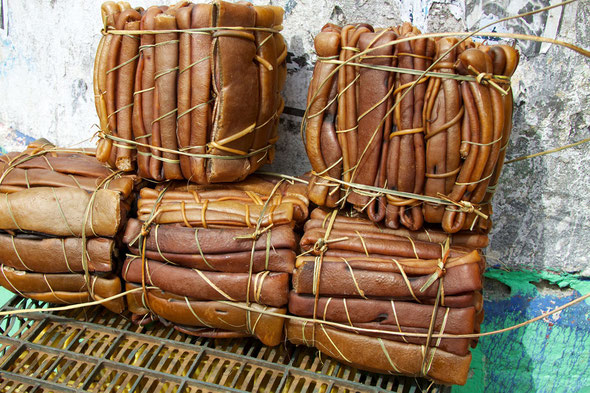 Bundled cochayuyo (Bull Kelp) for sale at a market in Puerto Montt, Chile (Courtesy Russavia WikiCommons)