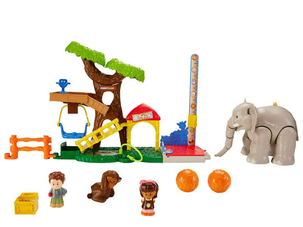 Im Paket Fisher-Price ist ein Zoo-Spielset mit Baum und Wippe, ein Tierpfleger, ein Figur Mia, ein grosser Elefanten, ein Äffchen, zwei Futterteile, ein Massstab und ein Zaunverbindungsstück enthalten.