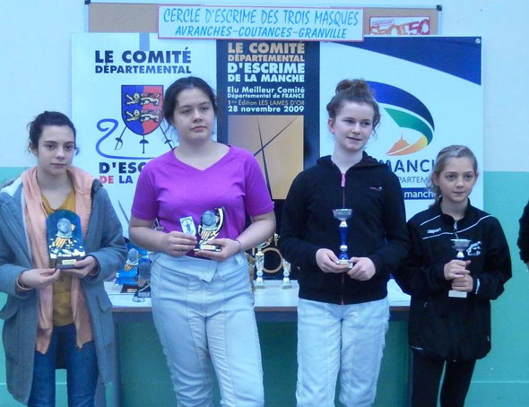 podium complet : 1. STEPHANE Ilona (Entente BH) ; 2. LARROQUE Céléna (Entente BH) ; 3. MARCAIS Salomé (Vire) & FALCONNET BIZIOU Emma (Alençon)