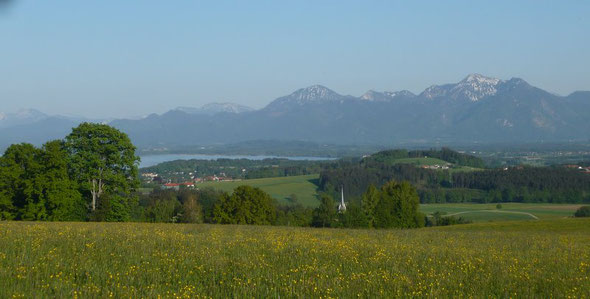 Blick von der Ratzinger Höhe auf Greimharting und den Chiemsee