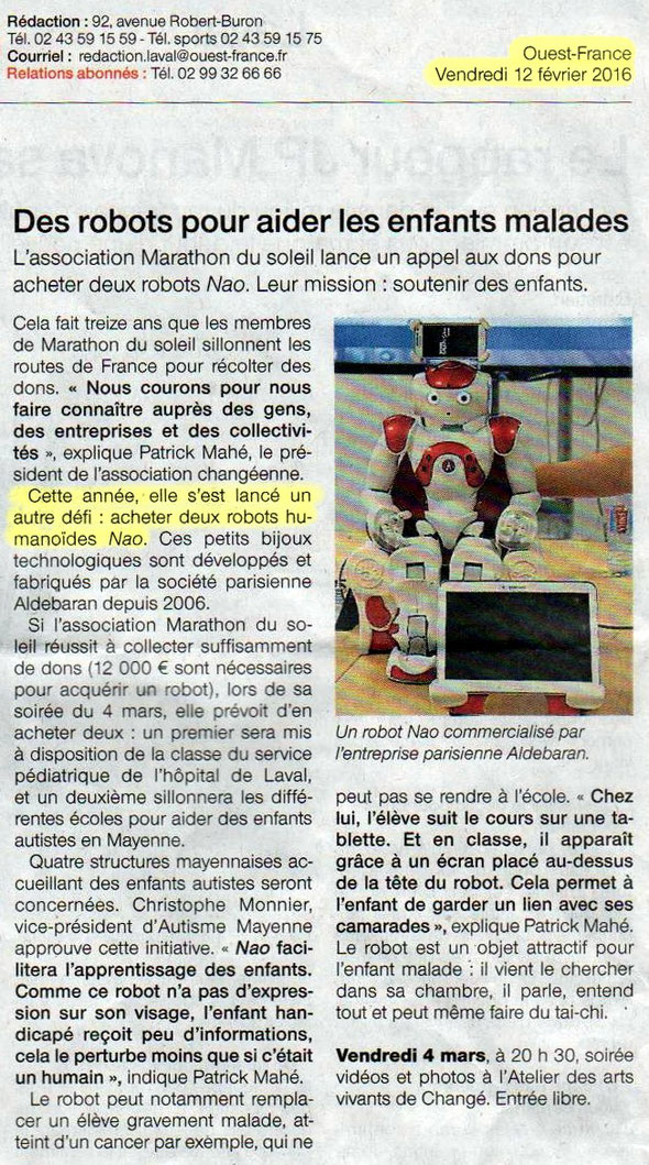 février 2016 - Projet d'acquisition de 2 robots humanoïdes NAO