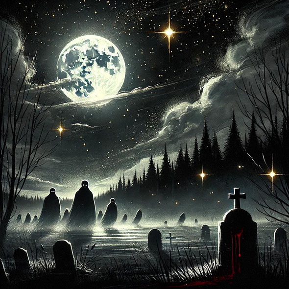Ein Friedhof bei Nacht, der Vollmond schaut darauf herab. Erstellt mit ChatGPT.