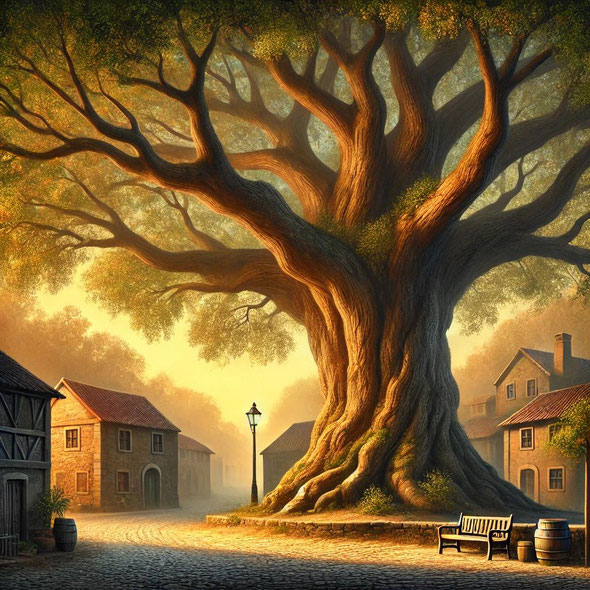 Ein alter, sehr großer Baum in der Mitte eines Dorfes. Erstellt mit ChatGPT.