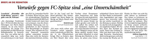 Leserbriefe als Reaktion auf den Kommentar des Herrn Bader "Gold-Maria soll Kontakte nutzen"