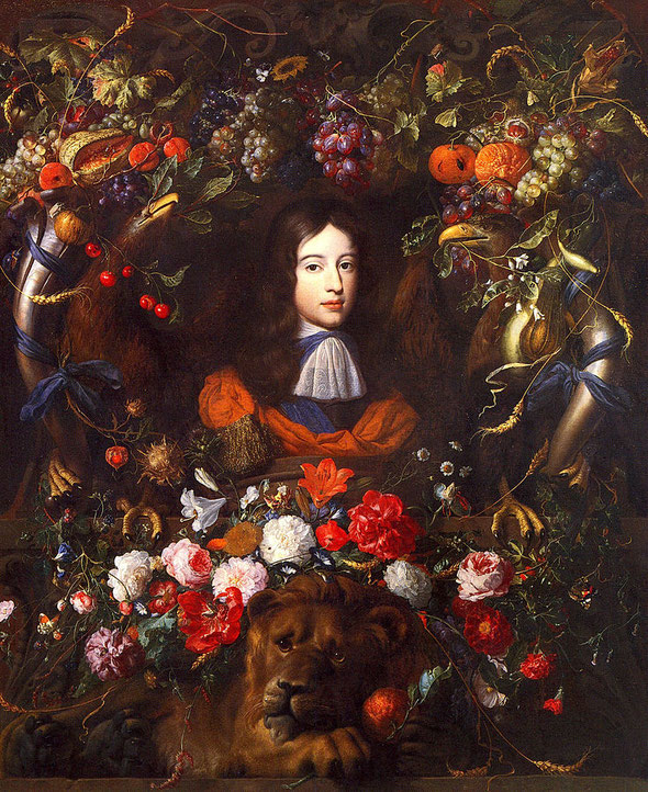 William of Orange im Alter von 10 Jahren mit Blumengirlande (Jan Davidsz. de Heem [Public domain] - fleurs avec portrait guillaume III d'Orange)