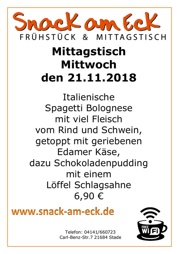 Mittagstisch am Mittwoch den 21.11.2018: Italienische Spagetti Bolognese mit viel Fleisch vom Rind und Schwein, getoppt mit geriebenen Edamer Käse, dazu Schokoladenpudding mit einem Löffel Schlagsahne. 6,90 €