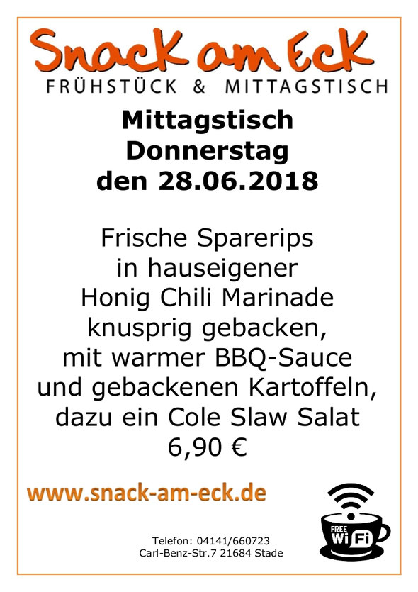Mitttagstisch am Donnerstag den 28.06.2018: Frische Sparerips in hauseigener Honig Chili Marinade knusprig gebacken, mit warmer BBQ-Sauce und gebackenen Kartoffeln, dazu ein Cole Slaw Salat 6,90 €