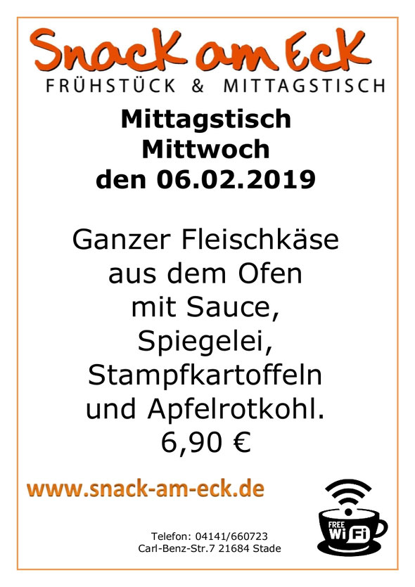 Mittagstsich am mittwoch den 06.02.2019. Ganzer Fleischkäse aus dem Ofen mit Sauce, Spiegelei, Stampfkartoffeln und Apfelrotkohl. 6,90 €