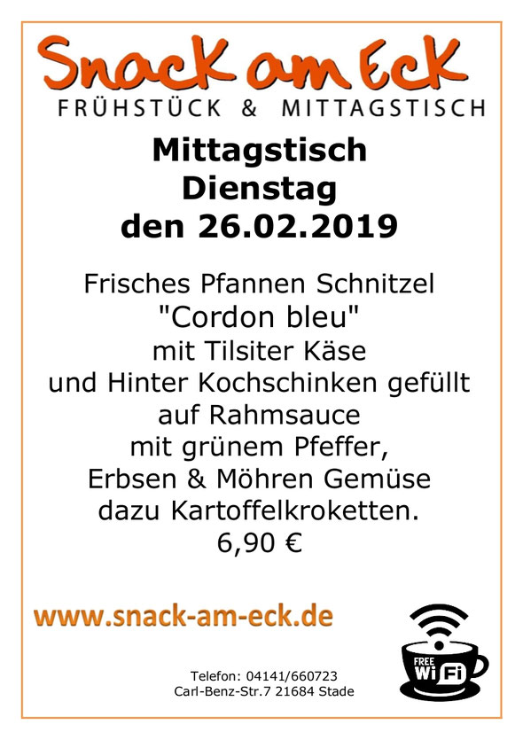 Mittagstisch am Dienstag den 26.02.2019: Frisches Pfannen Schnitzel "Cordon bleu" mit Tilsiter Käse und Hinterkochschinken gefüllt auf grünen Pfeffer- Rahmsauce mit Möhren & Erbsen Gemüse dazu Kartoffelkroketten. 6,90 €