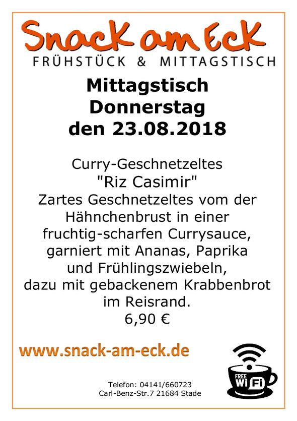Mittagstisch am Donnerstag den 23.08.2018: Curry-Geschnetzeltes  "Riz Casimir" Zartes Geschnetzeltes vom der Hähnchenbrust in einer fruchtig-scharfen Currysauce, garniert mit Ananas und Paprika und Frühlingszwiebeln, dazu mit gebackenem Krabbenbrot im Rei