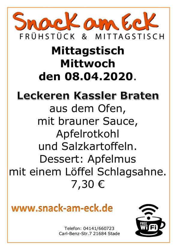 Mittagstisch am Mittwoch den 08.04.2020: Leckeren Kassler Braten aus dem Ofen mit brauner Sauce, Apfelrotkohl und Salzkartoffeln. Dessert: Apfelmus mit einem Löffel Schlagsahne. 7,30 €
