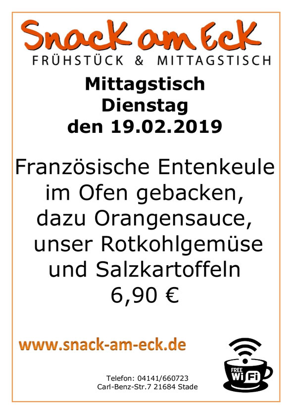 Mittagstisch am 19.02.2019: Französische Entenkeule im Ofen gebacken, dazu Orangensauce dazu unser Rotkohlgemüse und Salzkartoffeln 6,90 €