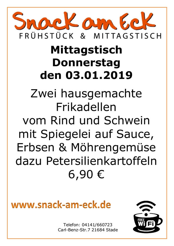 Mittagstisch am Donnerstag den 03.01.2019: Zwei hausgemachte  Frikadellen vom Rind und Schwein mit Spiegelei auf Sauce, dazu Erbsen Möhrengemüse und Petersilienkartoffeln 6,90 €