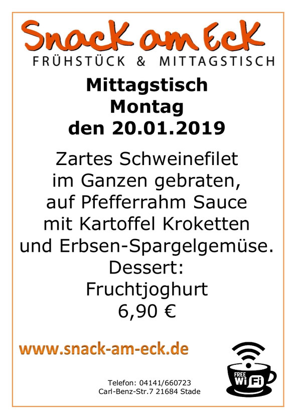 Mittagstisch am Montag den 21.01.2019: Zartes Schweinefilet im Ganzen gebraten, auf Pfefferrahm Sauce mit Kartoffel Kroketten und Erbsen-Spargelgemüse. Dessert. Fruchtjoghurt 6,90 €