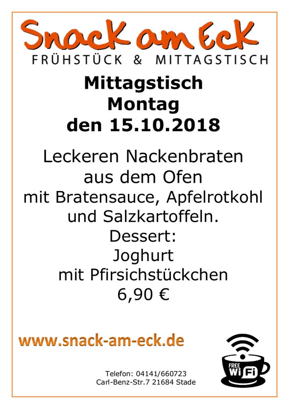 Mittagstisch am 15.10.2018: Leckeren Nackenbraten aus dem Ofen mit Bratensauce, Apfelrotkohl und Salzkartoffeln. Dessert: Joghurt mit Pfirsichstückchen. 6,90 €