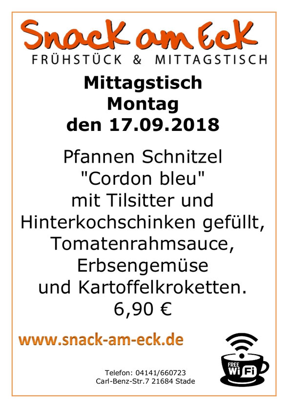 Mittagstisch am Montag den 17.09.2018: Pfannen Schnitzel "Cordon bleu" mit Tilsitter und Hinterkochschinken gefüllt, Tomatenrahmsauce, Erbsengemüse und Kartoffelkroketten. 6,90€