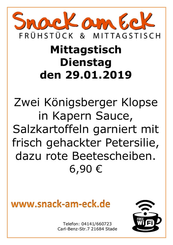 Mittagstisch am Dienstag den 29.01.2019: Zwei Königsberger Klopse in Kapern Sauce, Salzkartoffeln garniert mit frisch gehackter Petersilie, dazu rote Beetescheiben. 6,90 €