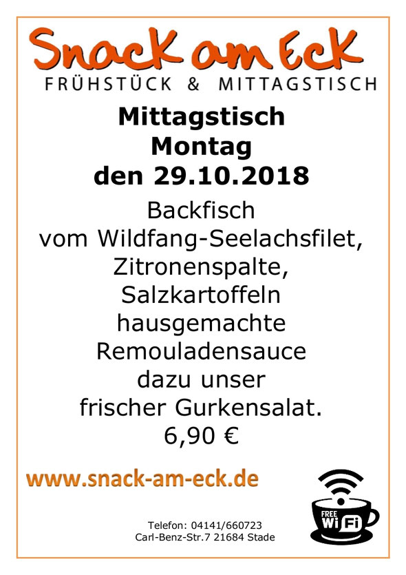 Mittagstisch am Montag den 29.10.2018: Backfisch, Kartoffeln, Remulade, Gurkensalat