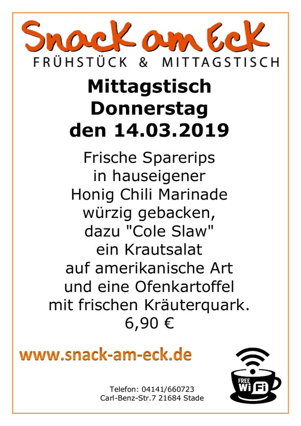 Mittagstisch am Donnerstag den 14.03.2019: Frische Sparerips in hauseigener Honig Chili Marinade würzig gebacken, dazu "Cole Slaw" ein Krautsalat auf amerikanische Art und eine Ofenkartoffel mit frischen Kräuterquark. 6,90 €