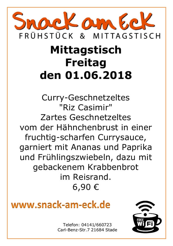Mittagstisch am Freitag den 01.06.2018: Curry-Geschnetzeltes  "Riz Casimir" Zartes Geschnetzeltes  vom der Hähnchenbrust in einer fruchtig-scharfen Currysauce, garniert mit Ananas und Paprika und Frühlingszwiebeln, dazu mit gebackenem Krabbenbrot im Reis 