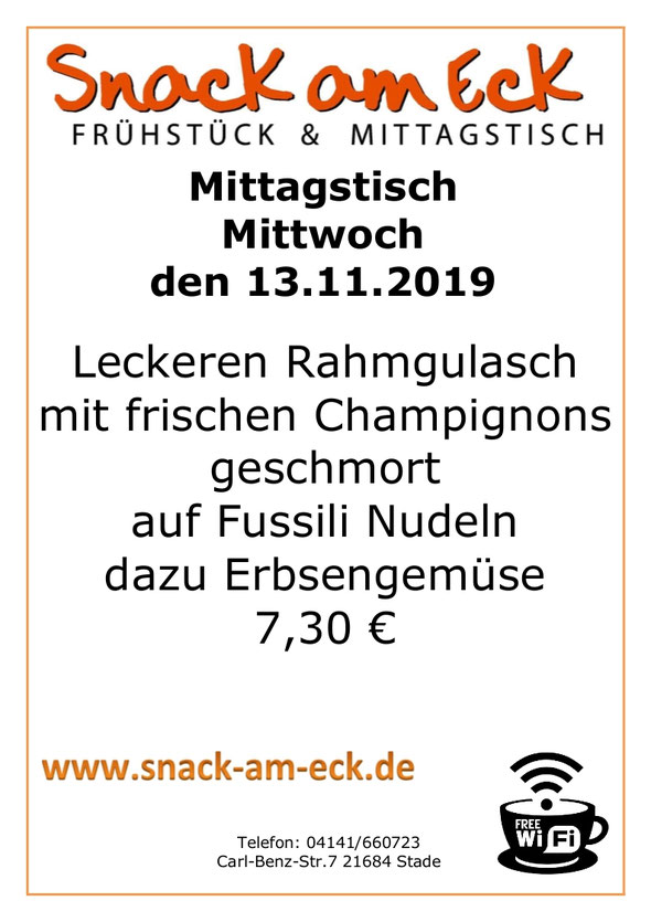 Mittagstisch am Mittwoch den 13.11.2019: Leckeren Rahmgulasch mit frischen Champignons geschmort auf Fussili Nudeln dazu Erbsengemüse 7,30 €