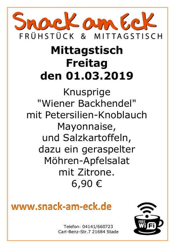 mittagstisch am Freitag den 01.03.2019: Knusprige "Wiener Backhendel"  mit Petersilien-Knoblauch Mayonnaise,  und Salzkartoffeln, dazu ein geraspelter Möhren-Apfelsalat mit Zitrone. 6,90 €